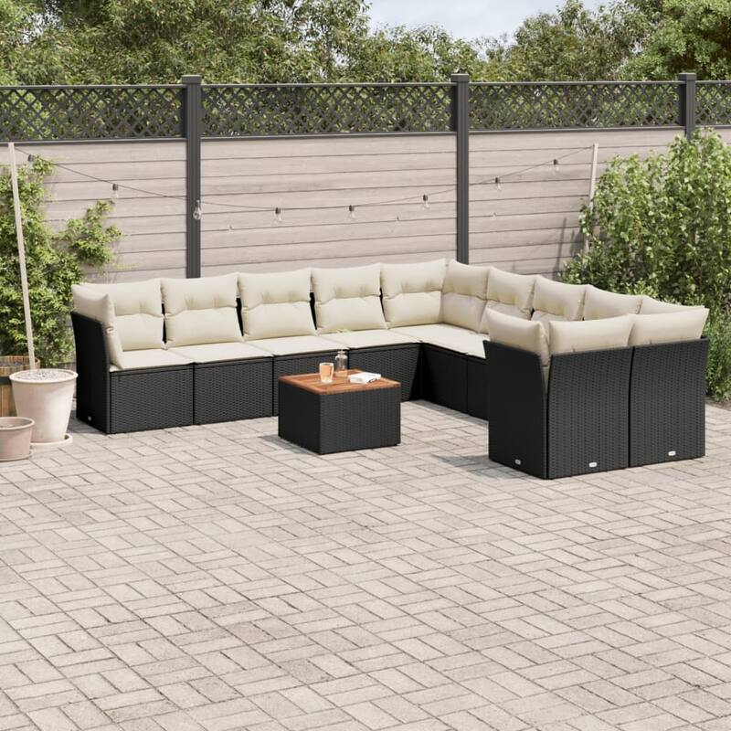 vidaXL Patio Sofa Set with Cushions Outdoor Furniture 11 Piece Poly Rattan - 21.7 x 21.7 x 14.6 - Black and Cream-Table+6x middle+4x corner