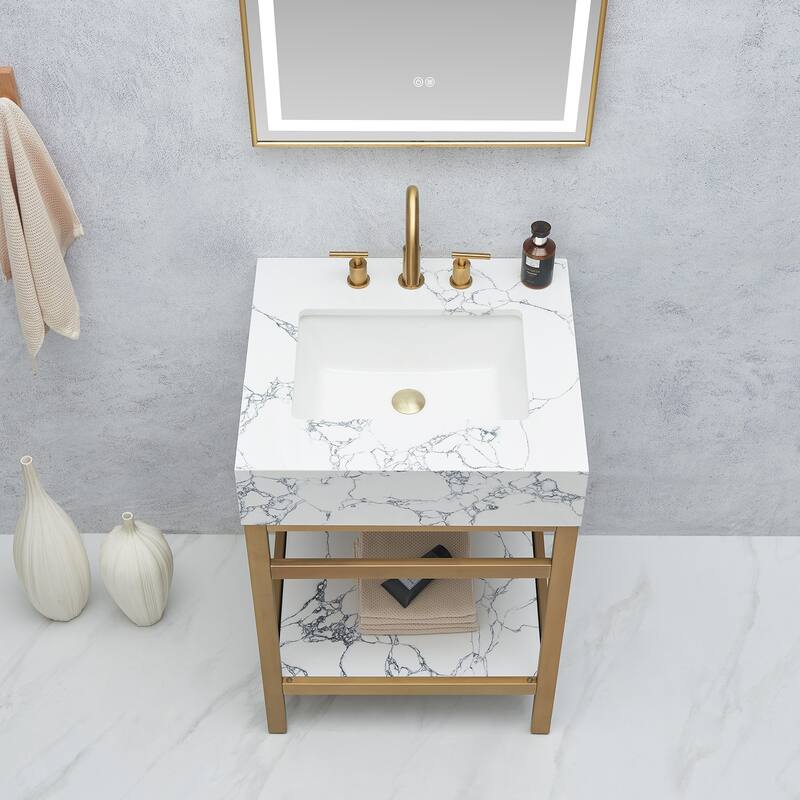 Ecija Bath Vanity, Metal Support with Composite Stone Top and Mirror