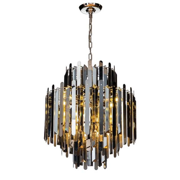 slide 4 of 9, 9-Light Luxury Polished Stainless Steel Chandelier with Smoke Crystal Accents - W 19.7" W 19.7" - Polished Nickel