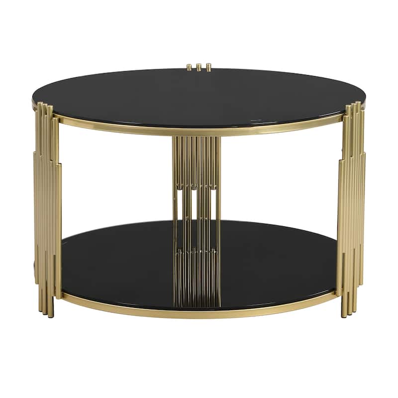 Modern Black Mirror Coffee Table Living Room Center Table with Circular Drum Base, Tempered Mirror Top & Lower Storage Shelf