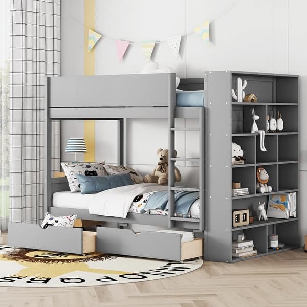 slide 2 of 26, Twin over Twin Bunk Bed Kids Bed Frame with Side Bookcase Cabinet, Pull-out Drawers, Wooden Panel Bed for Kids Bedroom Grey - Twin