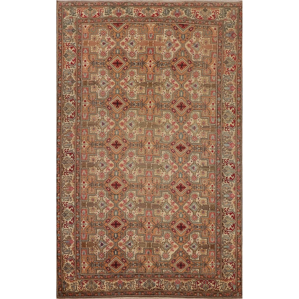 Beige Orange Anatolian Turkish Vintage Area Rug Handmade Wool Carpet - 6'4" X 9'7"