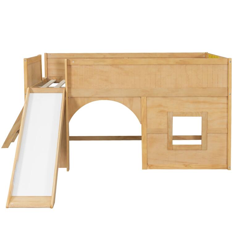 GDFStudio - PlayHaven Modern Wooden Low Loft Bed with Storage Shelves and Slide