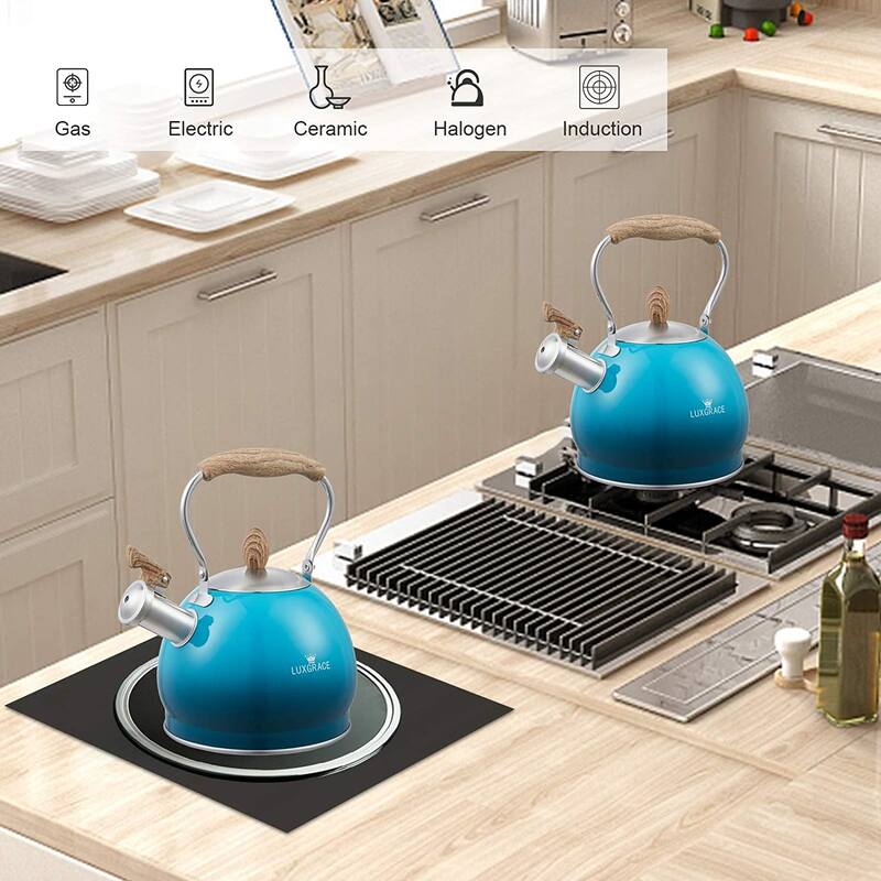 Creative Home 2.6 Qt. Stainless Steel Whistling Tea Kettle Teapot with Folding Handle, Aluminum Capsulated Bottom, Blue