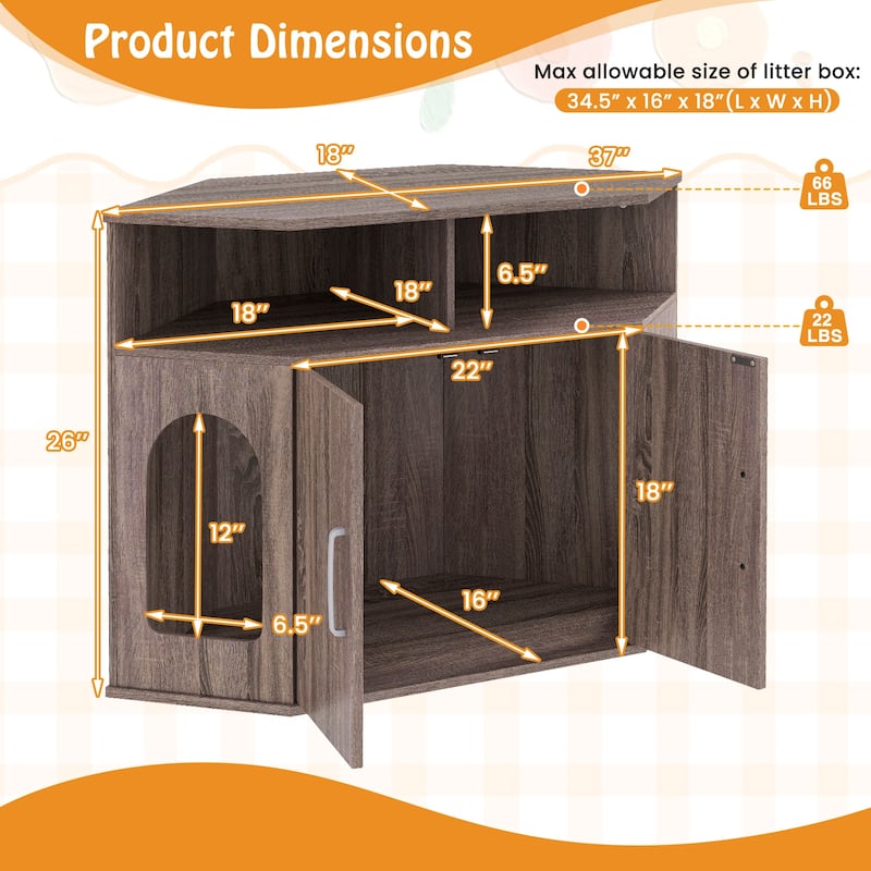 Grey Engineered Wood Cat Litter Box Cabinet with Storage and Corner Design