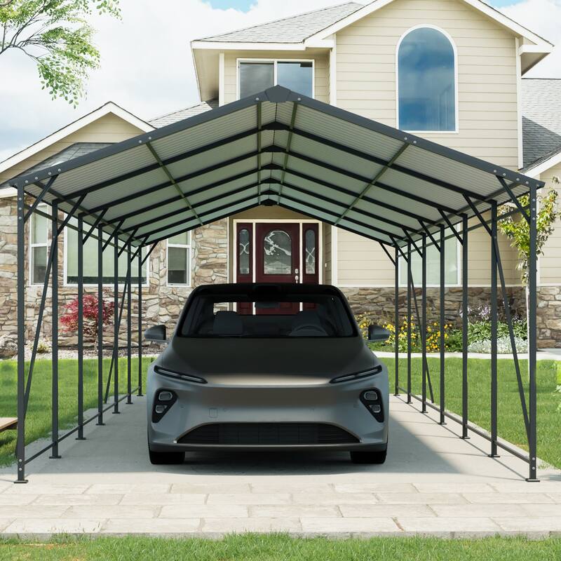 Industrial-Grade Galvanized Steel Carport‌ – Heavy-Duty Structure with 4 Angled Square Tube Supports & Corrosion-Resistant Roof -  12*32 FT