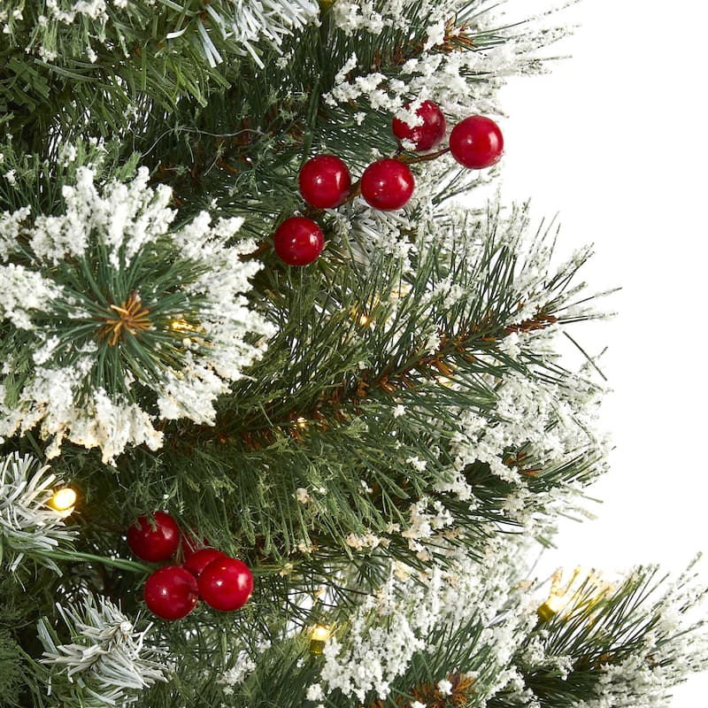 3’ Pre-Lit Medium Frosted Swiss Pine with Berries Christmas Tree, Warm Clear LED Lights - 3 Foot