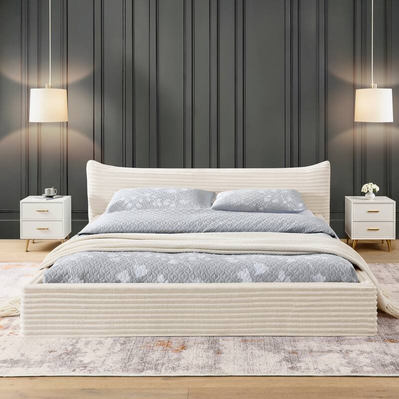 Queen Size Upholstered Bed Frame Velvet Fabric Grounded Platform with Curved Headboard Solid Wood No Box Spring