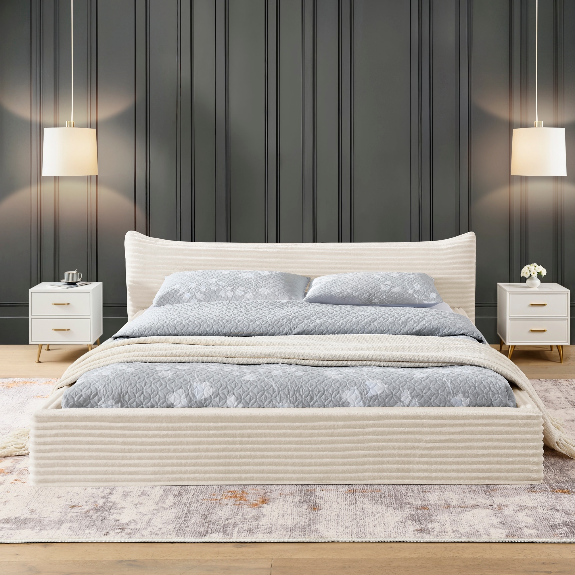 Queen Size Upholstered Bed Frame velvet Grounded Platform Bed with Curved Headboard and Solid Wood Frame for Bedroom
