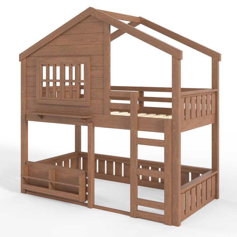 Twin Size Bunk Bed/Loft Bed with Bookshelf, House Design, High-Quality Safety Fencing, Natural