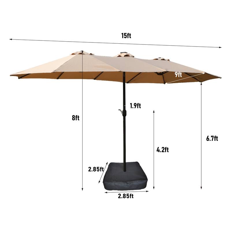 Large Double Sided Rectangular Outdoor Umbrella 2 Floor Patio Market Parasol with Light and Base, for Garden and Outdoors