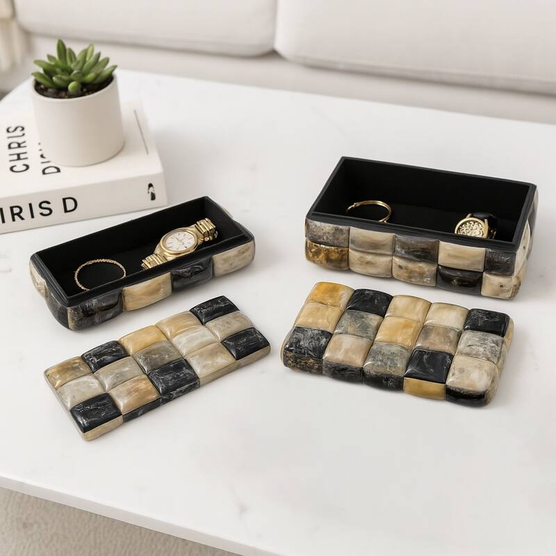 Resin Boxes Woven Glossy Block Texture (Set of 2) - 10", 12" Black - 12.5" x 8" x 5.5"