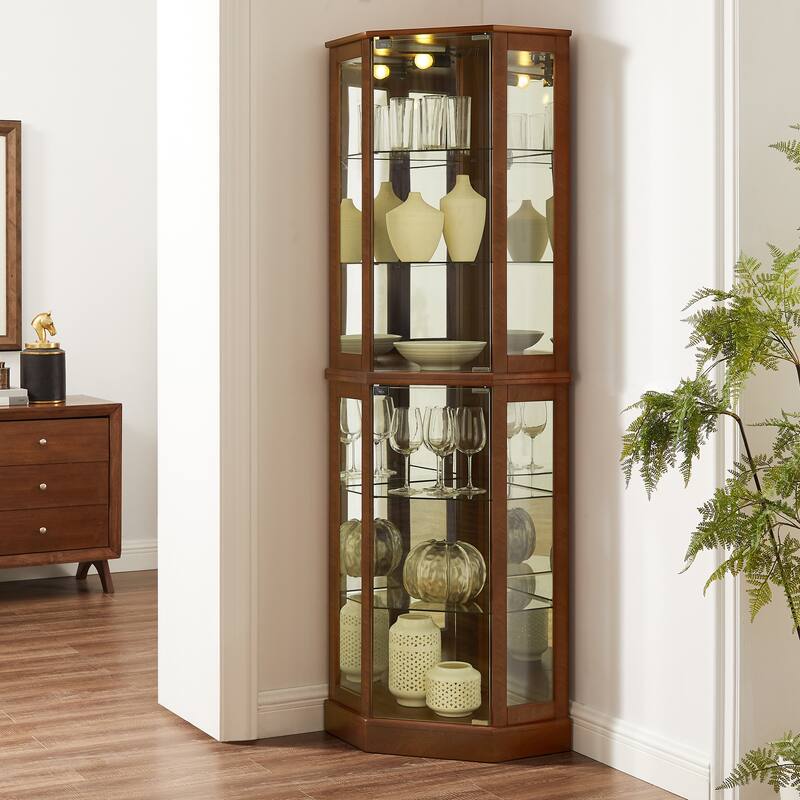Corner Display Cabinet with Lights, Mirrors and Adjustable Shelves，Storage Cabinet with 6 Shelf-E26 light bulb not included