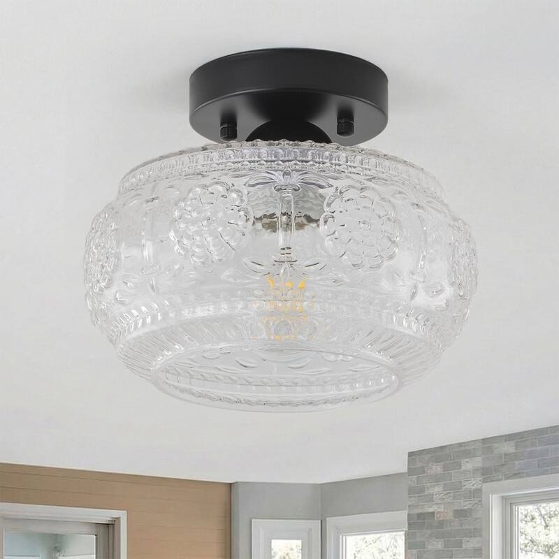 Modern Matte Black Painted Iron Clear Glass One Light Flush Mount Ceiling Light 9.45 Inch Diameter