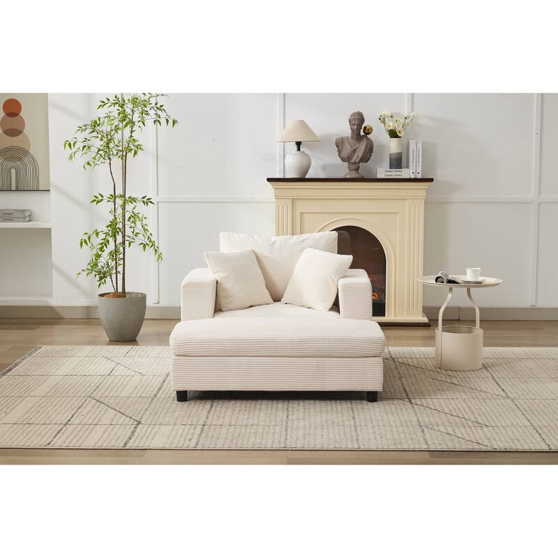 Chaise Lounge Chair with Removable Ottoman, Modern Accent Armchair Corduroy Sleeper Sofa Chair with Pillows for Living Room