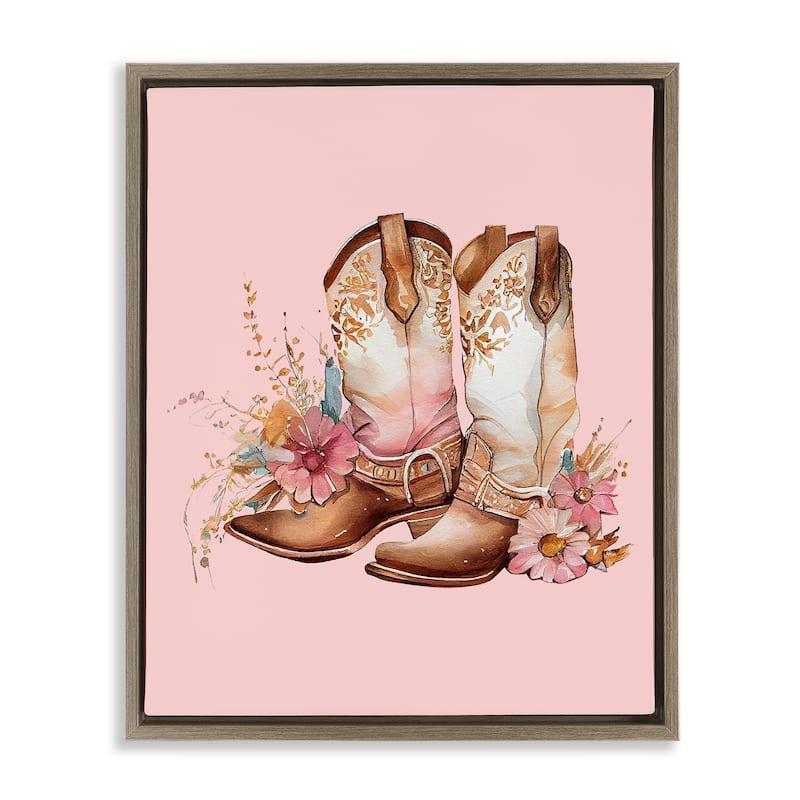 Stupell Floral Pink Cowgirl Boots Framed Floater Canvas Wall Art Design by Birch&Ink - 17 x 21 - Brown