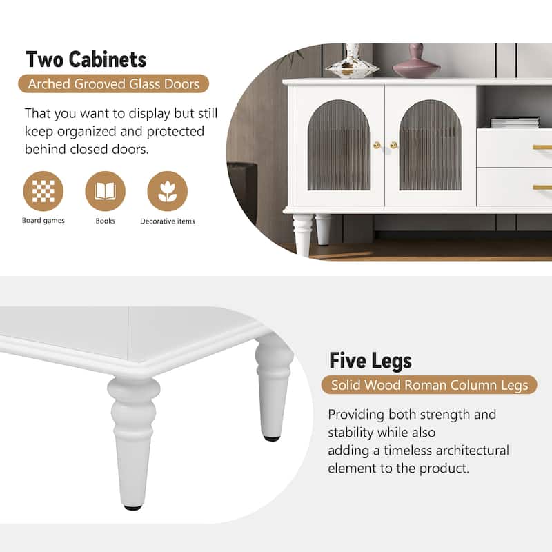 68.9" Vintage-Style TV Stand – Entertainment Center with Fluted Glass Doors & Five Solid Wood Legs, Supports TVs Up to 75"