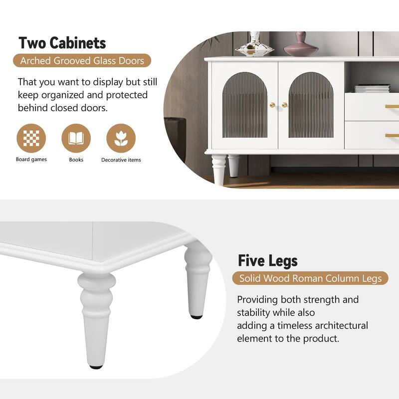 Retro Cream White TV Stand with 2 Drawer, 4 Solid Wood Legs and Tip Safety for Living Room and Office