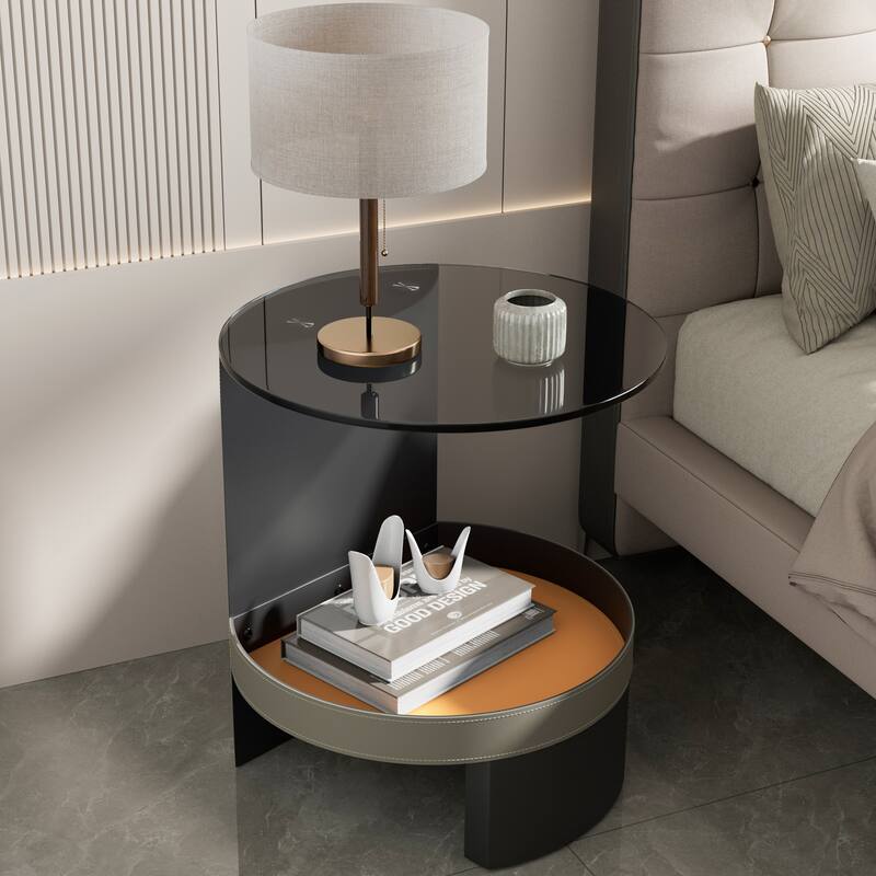 2-Tier Round Side Table Tempered Glass Top Handicraft Saddle Leather Basket