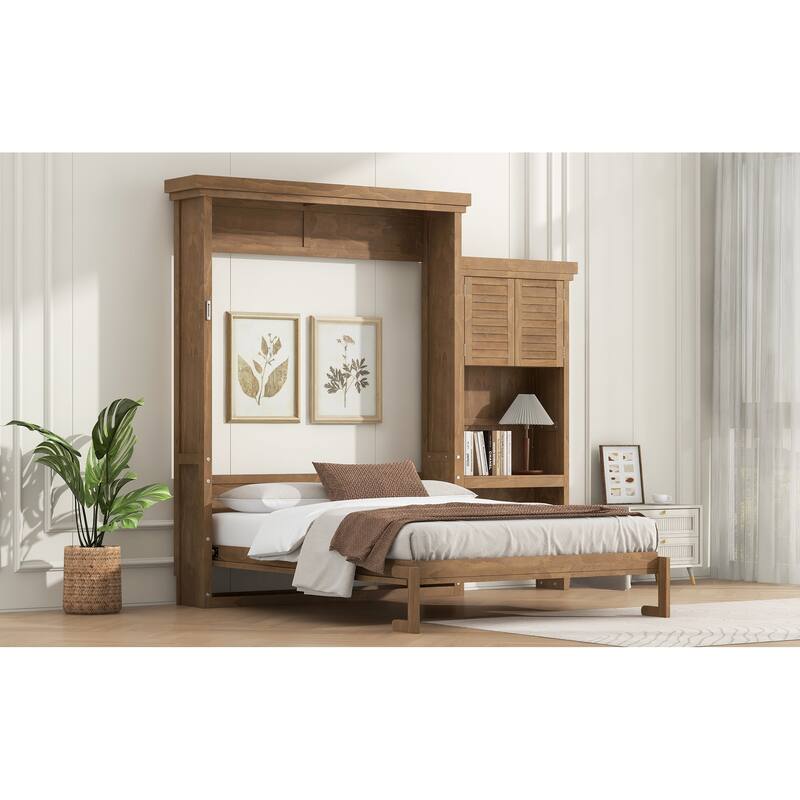 Queen Size Murphy Bed Convertible Louvered Style Cube Cabinet Foldable Platform Bed with Side Storage Bookcase Cabinet Shelves
