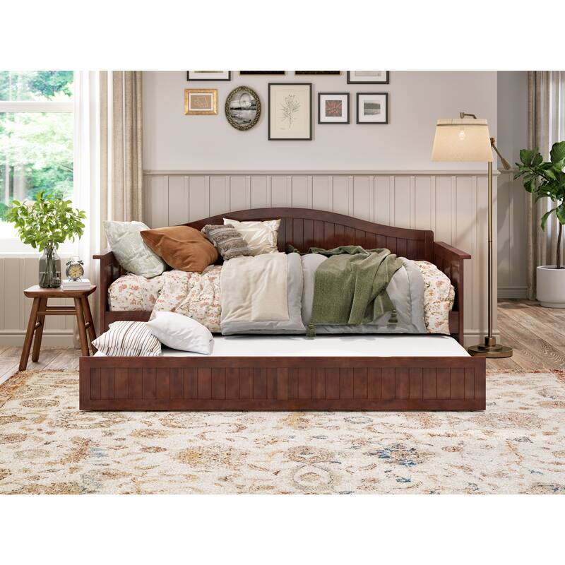 Twin Daybed with Trundle - Walnut Wood Frame & Beadboard Design - Space Saving Sleeper