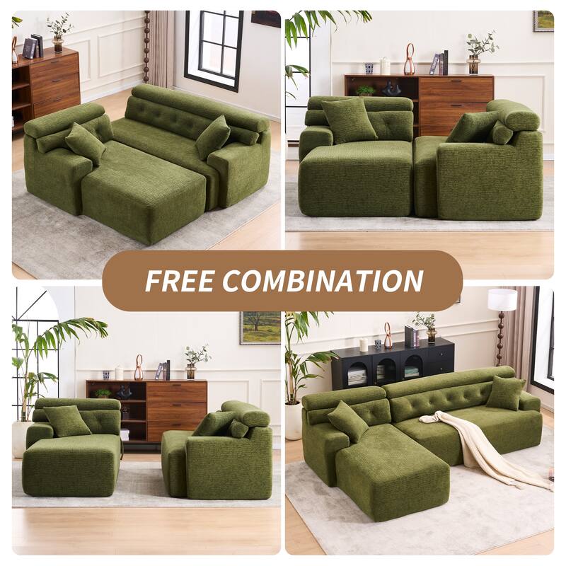 Modern Chenille Convertible L-Shaped 4-Seater Modular Sectional Sofa with 2 Pillows for Apartment Living Room