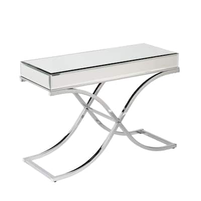 Silver Mirrored Glass Console Table and Rectangular Top Cross Legs - 42.25” L x 16.5” W x 29” H