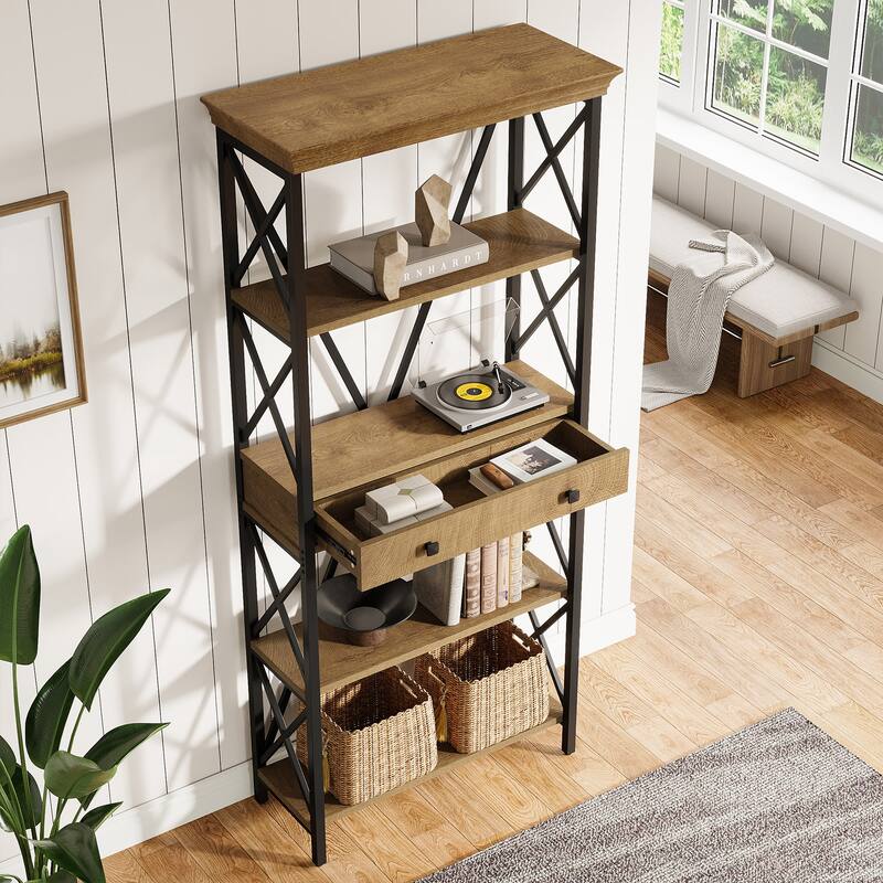 Industrial Bookshelf with Drawers, 70.9" Tall Bookcase with Storage