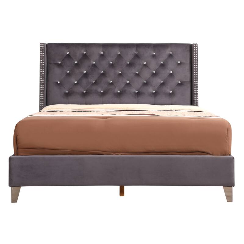 Gray Upholstered Queen Bed with Padded Headboard