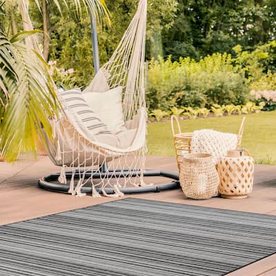 Beverly Rug Dark Grey Striped Indoor Outdoor Rug, Outside Carpet for Patio, Deck, Porch