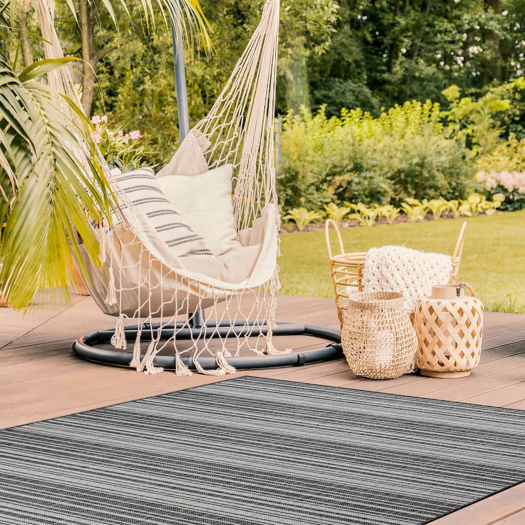 Beverly Rug Dark Grey Striped Indoor Outdoor Rug, Outside Carpet for Patio, Deck, Porch
