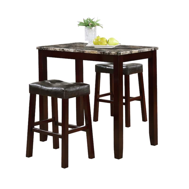 Set of 3 High Gloss Printed Marble Breakfast Table with Stools, Modern Kitchen Dining Table, Afternoon Tea Table