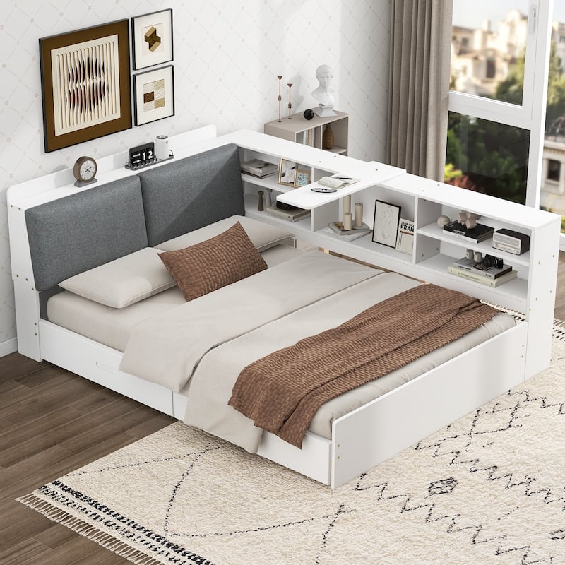 Wood Full Size Modern Platform Bed w/Flip Storage Upholstered Headboard, Shelves & 2 Drawers, Low-Profile Daybed Bed for Bedroom - White
