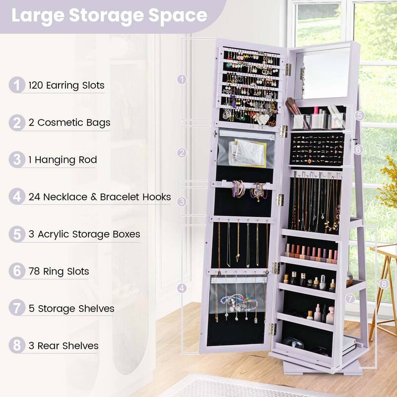Costway 360degree Rotatable Jewelry Cabinet 2-in-1 Lockable Mirrored - See Details