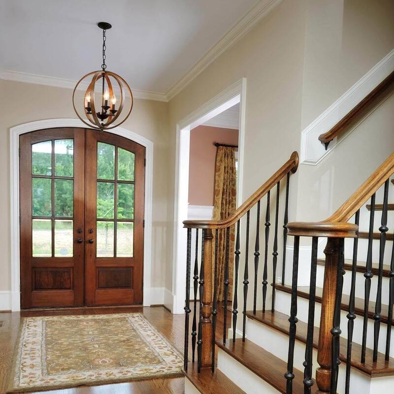 Farmhouse 3-Light Globe Wood Grain Chandelier for Dining Room Kitchen Island - W15.5"x H18"