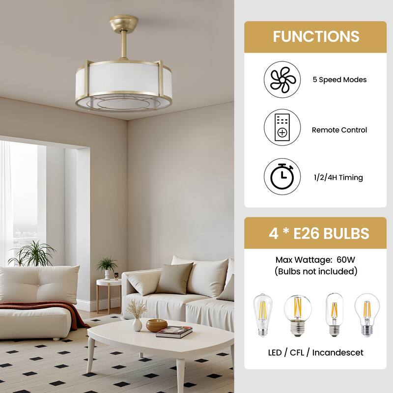 20" Modern Fabric Caged Ceiling Fan Chandelier with Remote - 4-Light