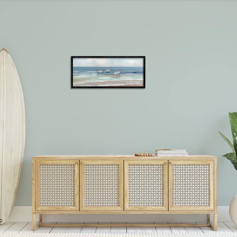 Stupell Panoramic Sandpipers Birds Shoreline Ocean Landscape Painting Framed Wall Art - Blue