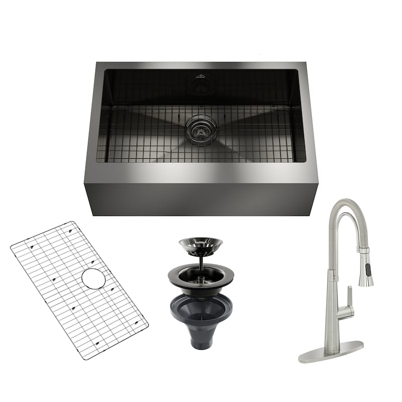 All-in-one Handmade Stainless Steel Farmhouse Apron Kitchen Sink in Nano PVD with Faucet, Bottom Grid, and Basket Strainer