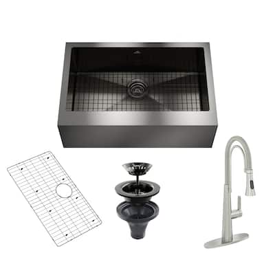 All-in-one Handmade Stainless Steel Farmhouse Apron Kitchen Sink in Nano PVD with Faucet, Bottom Grid, and Basket Strainer