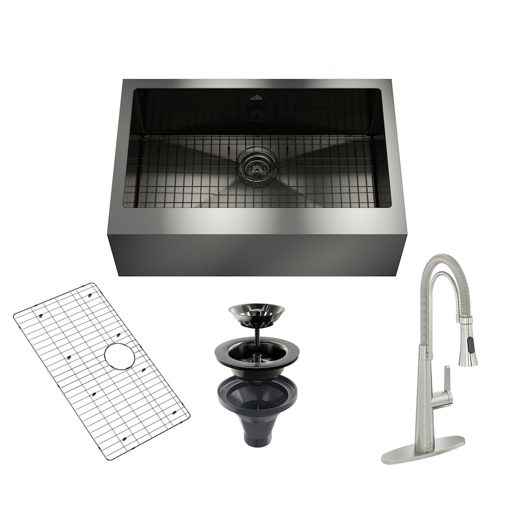All-in-one Handmade Stainless Steel Farmhouse Apron Kitchen Sink in Nano PVD with Faucet, Bottom Grid, and Basket Strainer