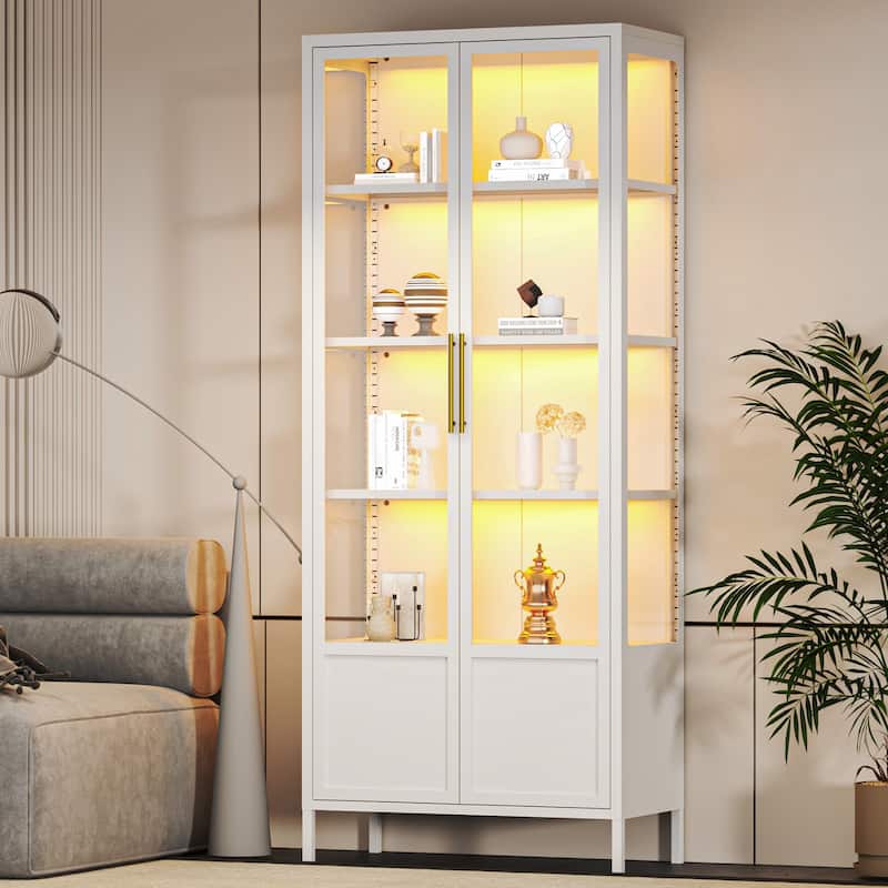 5-Tier Tempered Glass Curio Display Cabinet with Doors, Adjustable Shelves and 13 Color Lights - 67"H x 27.5"W x 13.8"D - White