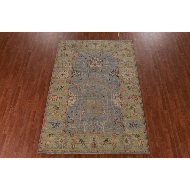 Hand Knotted Oriental 100% Wool Carpet Transitional All-Over Navy Blue & Blues Oushak Area Rug - 8' 11'' X 6' 1''
