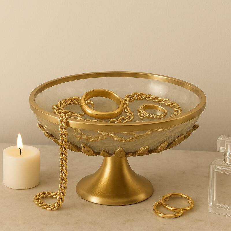 Glass Metal Bowl with Pedestal Base Modern Decorative - 8", Gold - 13.0" - Gold/ Metallic - 13.0"