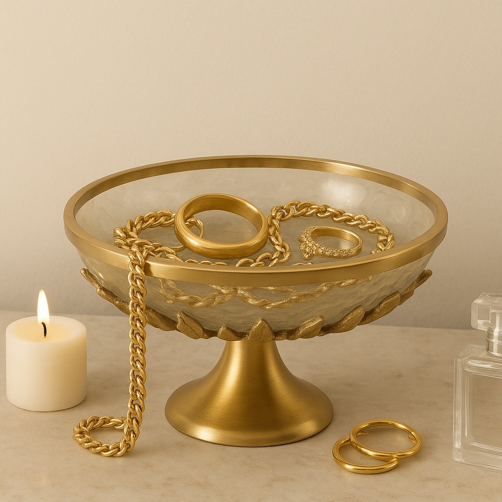 Glass Metal Bowl with Pedestal Base Modern Decorative - 8", Gold - 13.0"