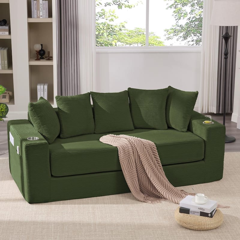 Convertible Corduroy Sleeper Loveseat Sofa Bed 3 Seater Floor Folding Couch with 5 Pillows, Cup Holders and Side Pockets - Green