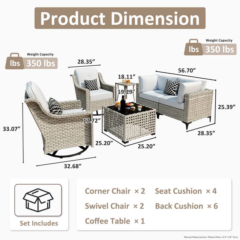 OVIOS 6 Pieces Outdoor Wicker Swivel Chair Set With Solar-Powered Coffee Table