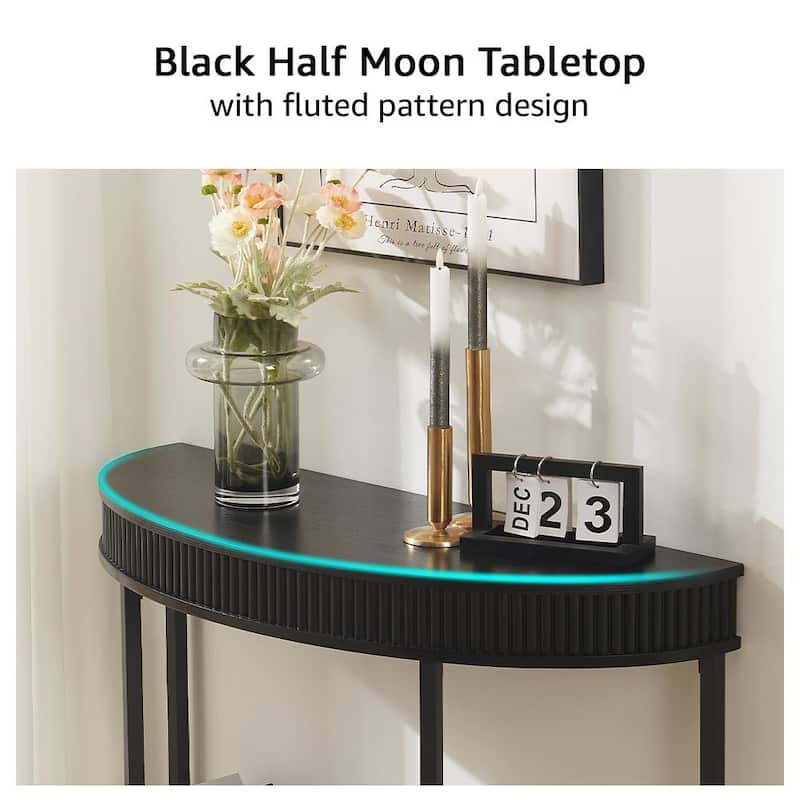 Fluted Half Moon Console Table, Modern 2-Tier Black Entryway Console for Living Room Hallway Foyer - Black - MDF