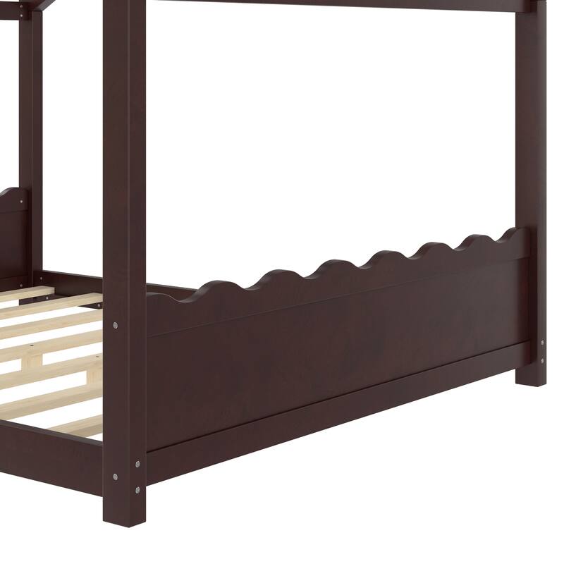 Queen House Floor Bed with Support Slats, Solid Wood House Bed Frame for Kids, No Box Spring Needed