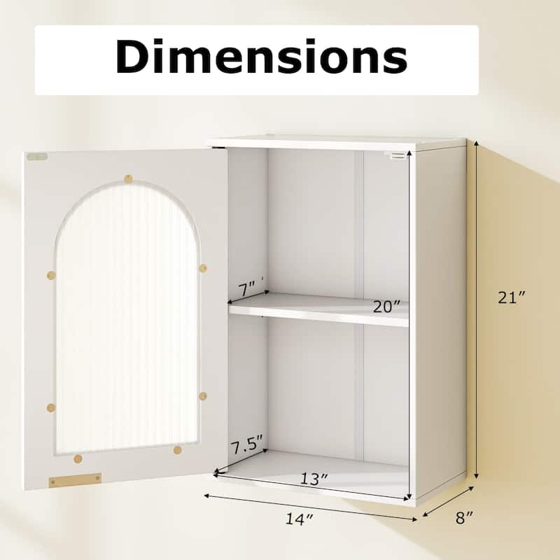 White Wall-Mount Bathroom Storage Cabinet with Tempered Glass Door and 3 Adjustable Shelves - 14" x 8" x 21"