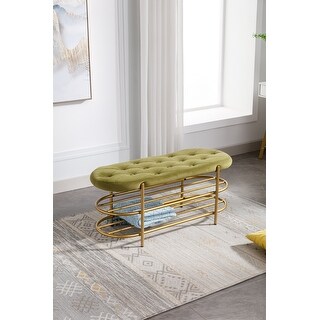 Modern Velvet Storage Bench Comfy Padded Seat Ottoman with Double Shelf